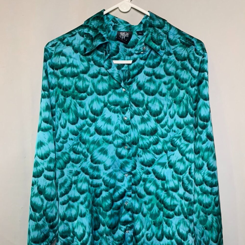 Women's New York & Co Size XL - Green & Black Long Sleeve Button Up Blouse Top